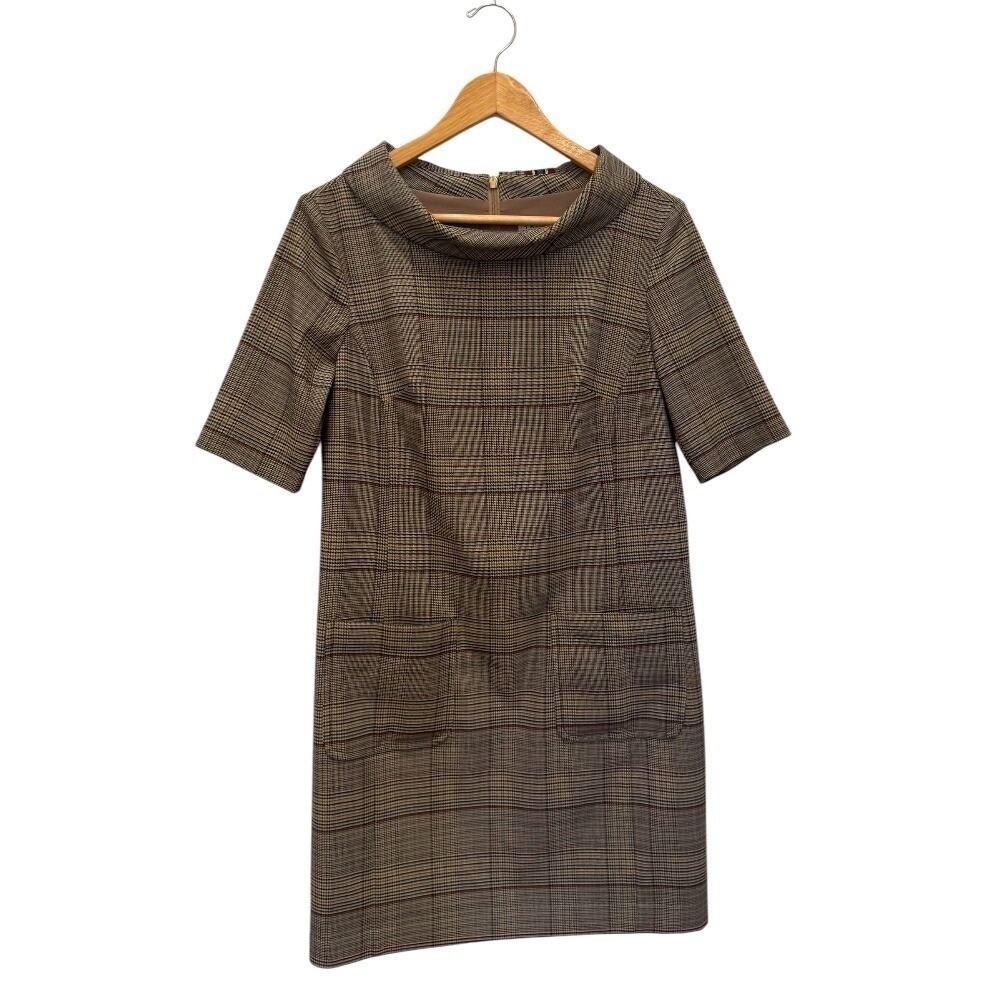 Trina Turk Women's Plaid Career‎ Dress Sheath Pockets Short Sleeve Beige SZ 6